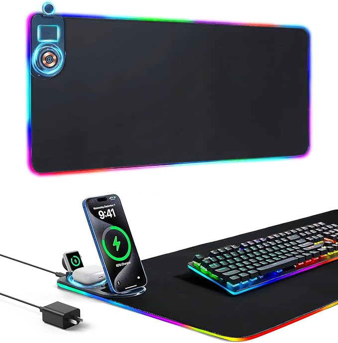 15W Wireless Charging Mouse Pad - Large RGB Gaming Desk Mat (31.4"x12"), Waterproof Leather Mousepad with Phone Holder, Includes PD Adapter & USB-C Cable - for Office & Home, Black