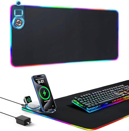 15W Wireless Charging Mouse Pad - Large RGB Gaming Desk Mat (31.4"x12"), Waterproof Leather Mousepad with Phone Holder, Includes PD Adapter & USB-C Cable - for Office & Home, Black
