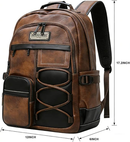 CHAO RAN Men Leather Backpack Waterproof Laptop Backpack Travel Business College Work Bag Fits Up To 17 Inch Laptop Brown
