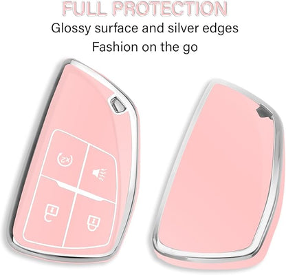 QBUC for Chevy Key Fob Cover with Keychain Soft TPU Protection Case Compatible with 2021-2026 Chevy Colorado Equinox Silverado GMC Canyon Sierra Terrain 4-Buttons(Chrome Trim Pink)