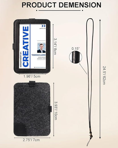 Genuine Badge Holder with Leather Lanyard, Soft Leather ID Card Holder with a Detachable Metal Clip, Clear Window, 2 Card Slots for Office & School IDs, Work Name Cards (Pitch-Black 03)