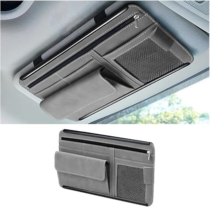 Car Sun Visor Organizer, Leather Vehicle Visor Card License Storage Pouch with Glasses Holder, Multifunctional Auto Interior Sunshade Document Pocket Organizer, Universal for Vehicles (Gray)
