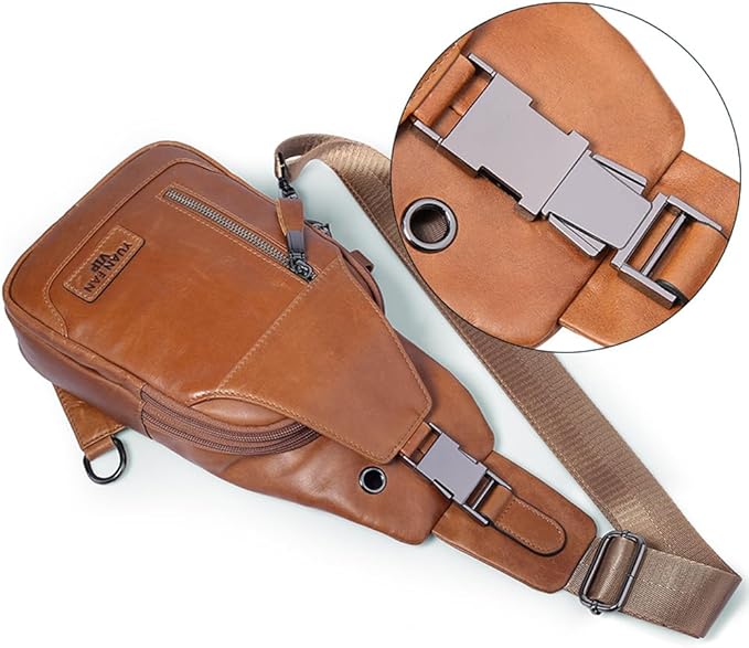 Hebetag Leather Sling Bag Hiking Daypack for Men Women Outdoor Travel Camping Fishing Crossbody Shoulder Chest Pack Daypack Small Brown