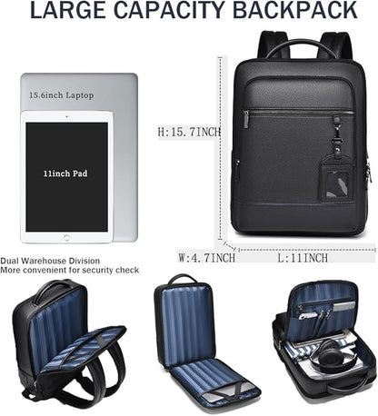 CHAO RAN Leather Laptop Backpack for Men Fit 15.6 Inch Laptop, Business Work Office College Medium Backpack with USB Charging Port, Waterproof Black Travel Bag (Black03)