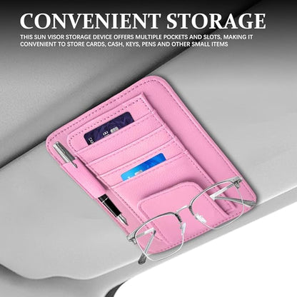 Small Leather Sun Visor Organizer, Visor Accessories, Multi-Pocket Sunvisor Storage with Sunglass Holder, Car Organizer for Drving License Card Pen Fits Most Vehicles (Pink)