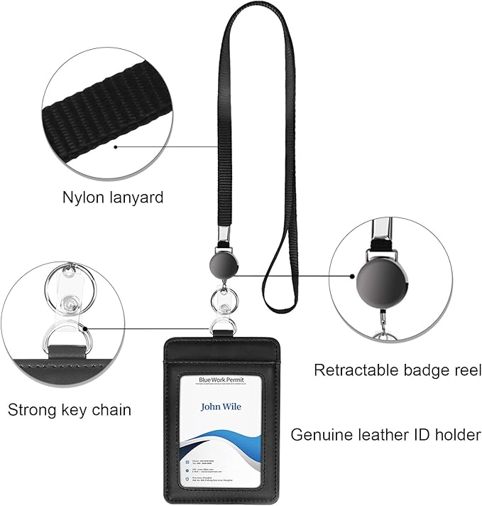 Genuine Leather ID Badge Holder with Retractable Lanyard, Retractable Badge Reel Nylon Lanyard and Vertical ID Card Holder with 1 Card Slot Key Chain for Men Women, Black