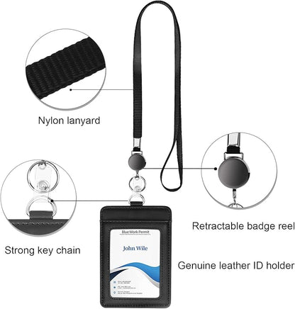 Genuine Leather ID Badge Holder with Retractable Lanyard, Retractable Badge Reel Nylon Lanyard and Vertical ID Card Holder with 1 Card Slot Key Chain for Men Women, Black
