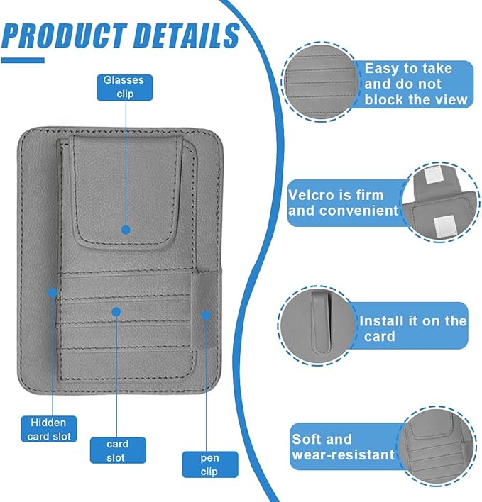 Small Leather Car Sun Visor Organizer - Multifunctional Car Interior Sunglass Holder Auto Visor Document Holder - Auto Card Sleeve Pocket Pouch Organizer for Driving License Registration Pen (Grey)