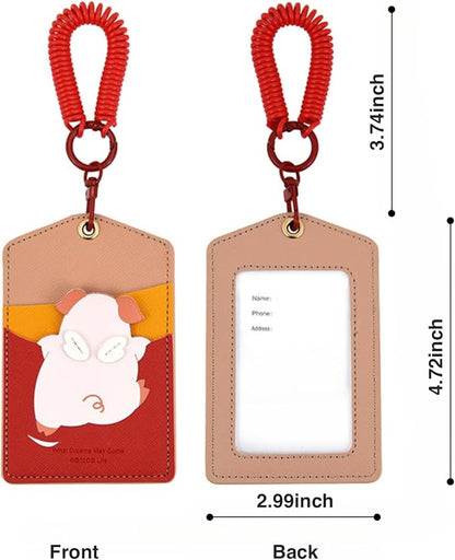 ID Badge Holder with Keychain, 3 Card Slots Cartoon Animal Cute Badge Holder for Professionals, Teacher, Nurse Officer and Students Women Girls Boys (Piggy)