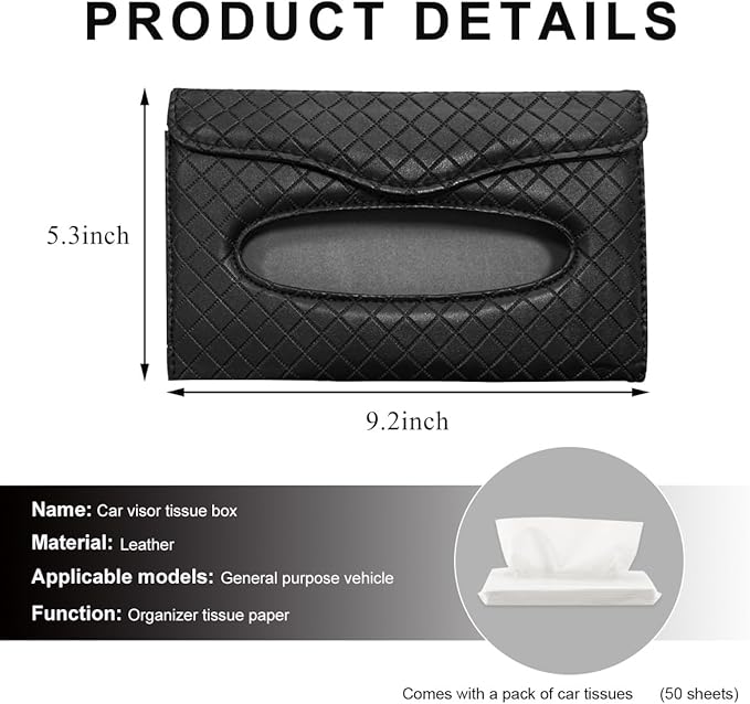 Car Tissue Holder, PU Leather Sun Visor Hanging Paper Napkin Dispenser with Tissue Refill, Backseat Mask Towel Case Visor Organizer with Magnetic Closure, Car Accessories (Black)