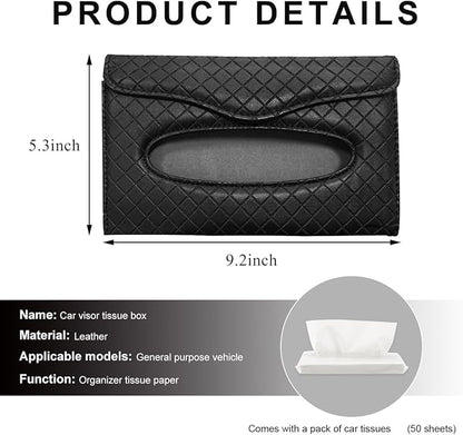 Car Tissue Holder, PU Leather Sun Visor Hanging Paper Napkin Dispenser with Tissue Refill, Backseat Mask Towel Case Visor Organizer with Magnetic Closure, Car Accessories (Black)