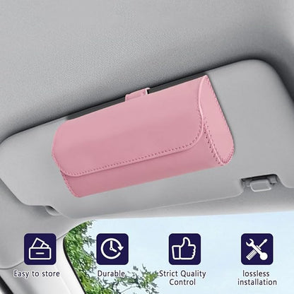 Sunglasses Holder for Car Sun Visor, Sunglass Organizer for Car, Magnetic Leather Eyeglasses Protective Storage Case, Waterproof Glasses Organizer Visor Accessories for Vehicles (Pink)