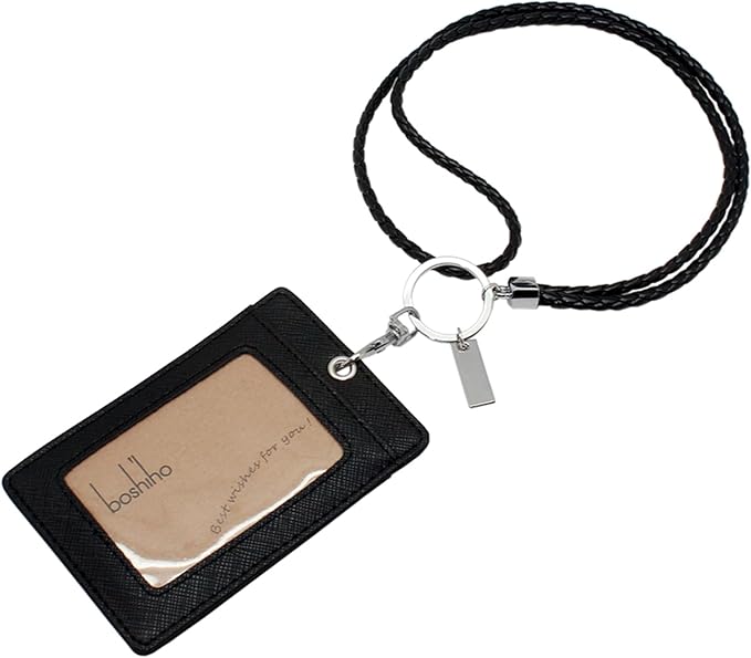 Boshiho Vertical Style Leather ID Card Badge Holder with Keychain Lanyard (Black with Keychain)
