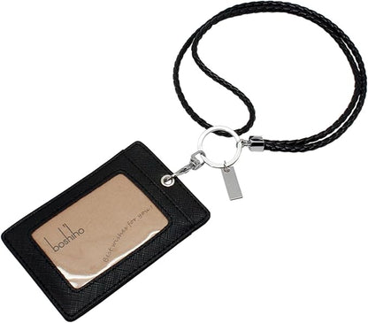 Boshiho Vertical Style Leather ID Card Badge Holder with Keychain Lanyard (Black with Keychain)