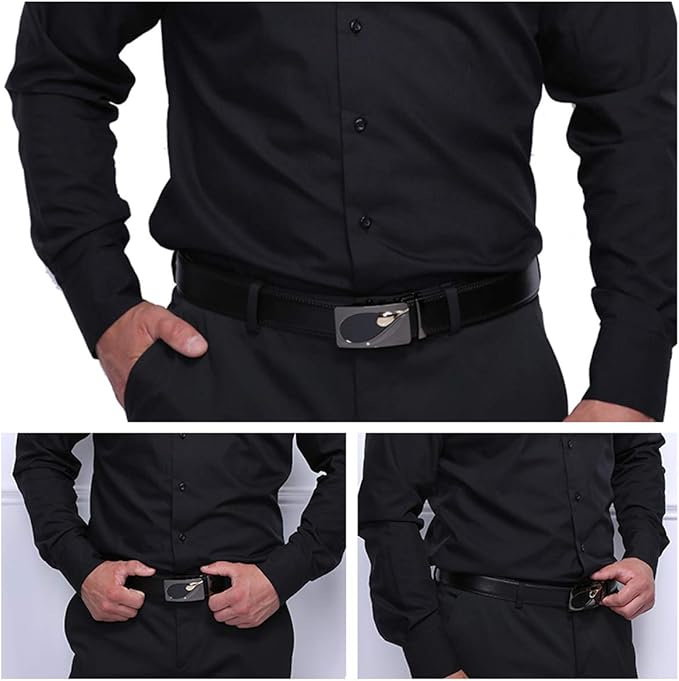 JINIU Men's Ratchet Belt Buckle, Black Genuine Leather Slide Belt for Men Dress Suit, Micro Adjustable Trim to Fit Boxed