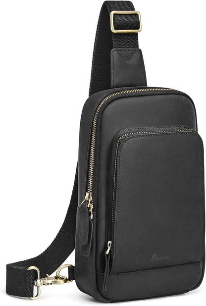 S-ZONE Sling Bag for Men Women RFID Blocking Top Grain Leather Crossbody Shoulder Bag Chest Hiking Daypack Travel