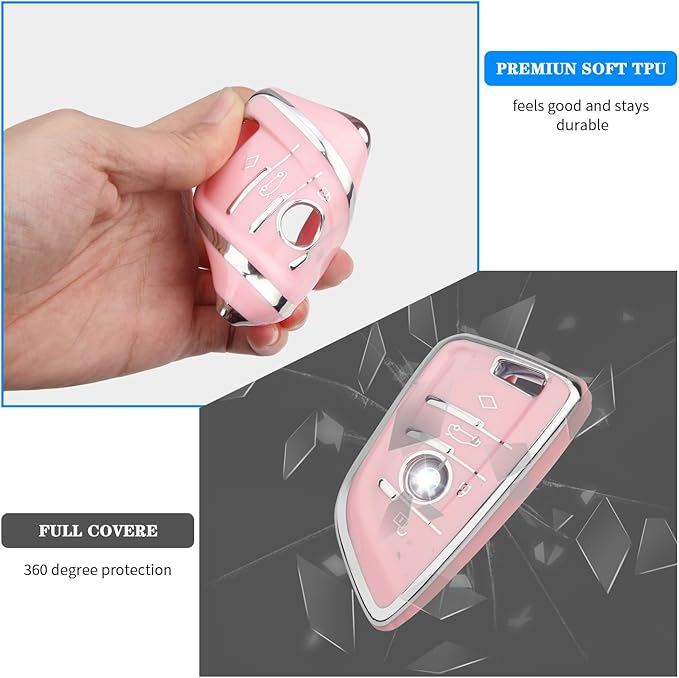QBUC for BMW Key Fob Cover with Leather Keychain,for BMW 2 5 6 7 Series X1 X2 X3 X5 X6 X7 Premium Soft TPU Key Fob Holder (1-Pink)
