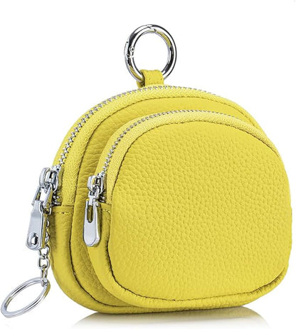 Genuine Leather Coin Purse with Keychain Clip Dual Zipper Mini Wallet Small Cute Pouch for Women & Men Compact Card Holder Wallet Key Holder (Yellow)