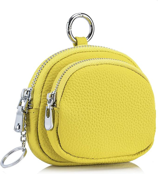 Genuine Leather Coin Purse with Keychain Clip Dual Zipper Mini Wallet Small Cute Pouch for Women & Men Compact Card Holder Wallet Key Holder (Yellow)