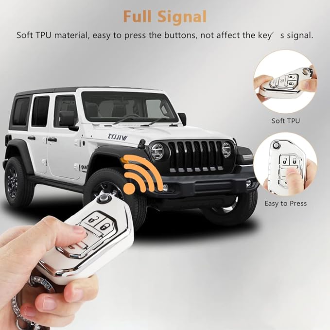 PIFOOG TPU Key Fob Cover for Jeep Wrangler JL JLU Gladiator JT 2018-2022 Accessories Cute 4 Button Car Keys Shell Case Glitter Keychain Girly Women (Not Fit Wrangler JK)