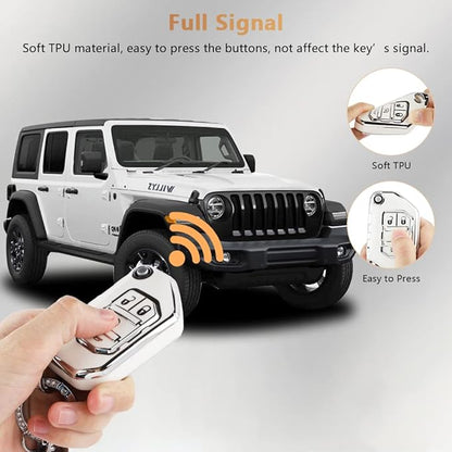 PIFOOG TPU Key Fob Cover for Jeep Wrangler JL JLU Gladiator JT 2018-2022 Accessories Cute 4 Button Car Keys Shell Case Glitter Keychain Girly Women (Not Fit Wrangler JK)