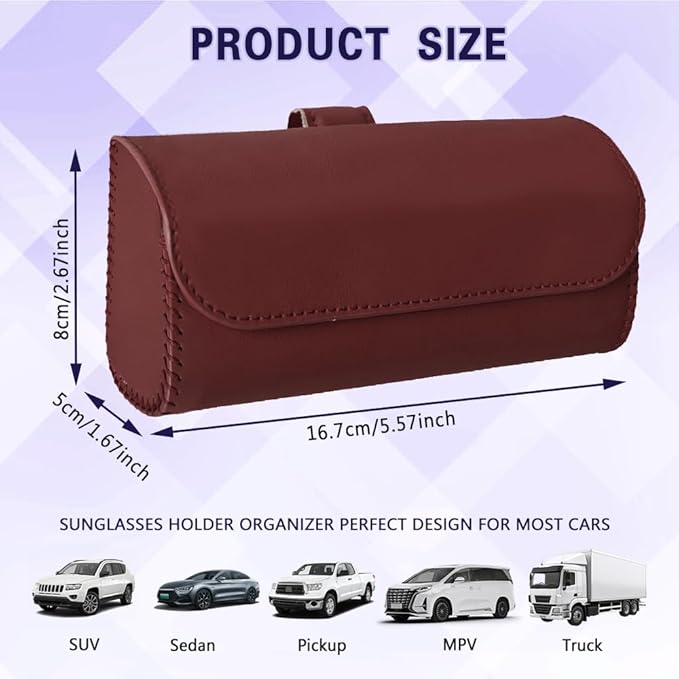 Sunglasses Holder for Car Sun Visor, Sunglass Organizer for Car, Magnetic Leather Eyeglasses Protective Storage Case, Waterproof Glasses Organizer Visor Accessories for Vehicles (Wine Red)
