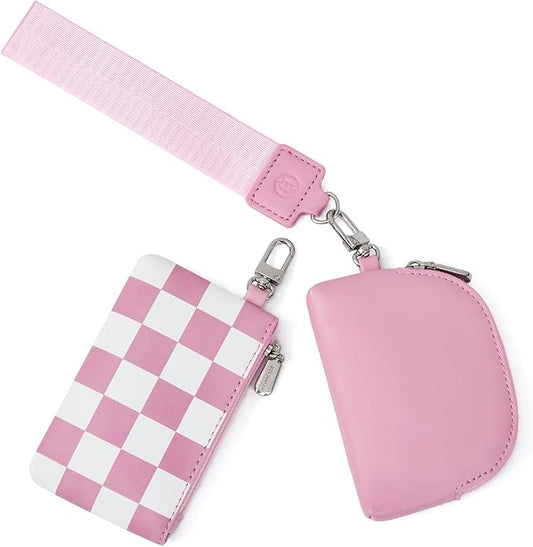 BOSTANTEN Small Wallet Checkered, Wristlet Wallets for Women RFID Detachable Dual Pouch Keychain Wristlet Wallet Cute Coin Purse, Pink and White