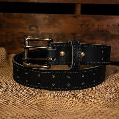 Men’s Classic Leather Belt, Double Prong Retro Style, Antique Brass Buckle, 1 ½” Width, Amish handmade in the USA