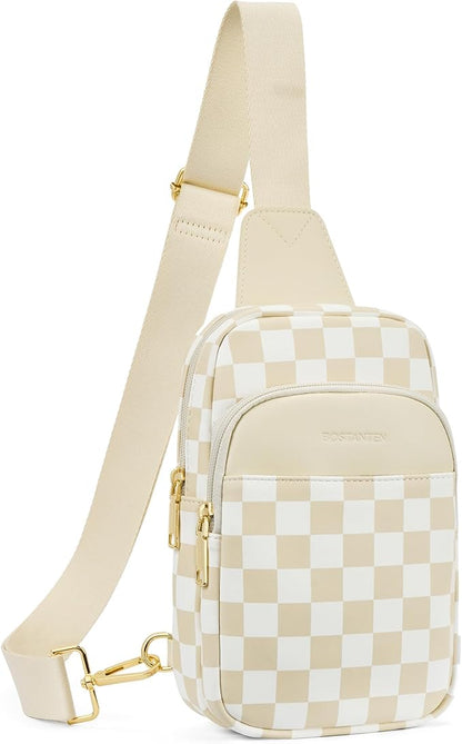 BOSTANTEN Sling Bag Quilted Crossbody Bags for Women Cross Body Purse Leather Fanny Pack with Adjustable Guitar Strap