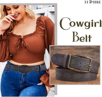Women Western Belt Vintage Metal Buckle Leather Belts Country Cowboy Cowgirl Belt for Jeans Pant Dress