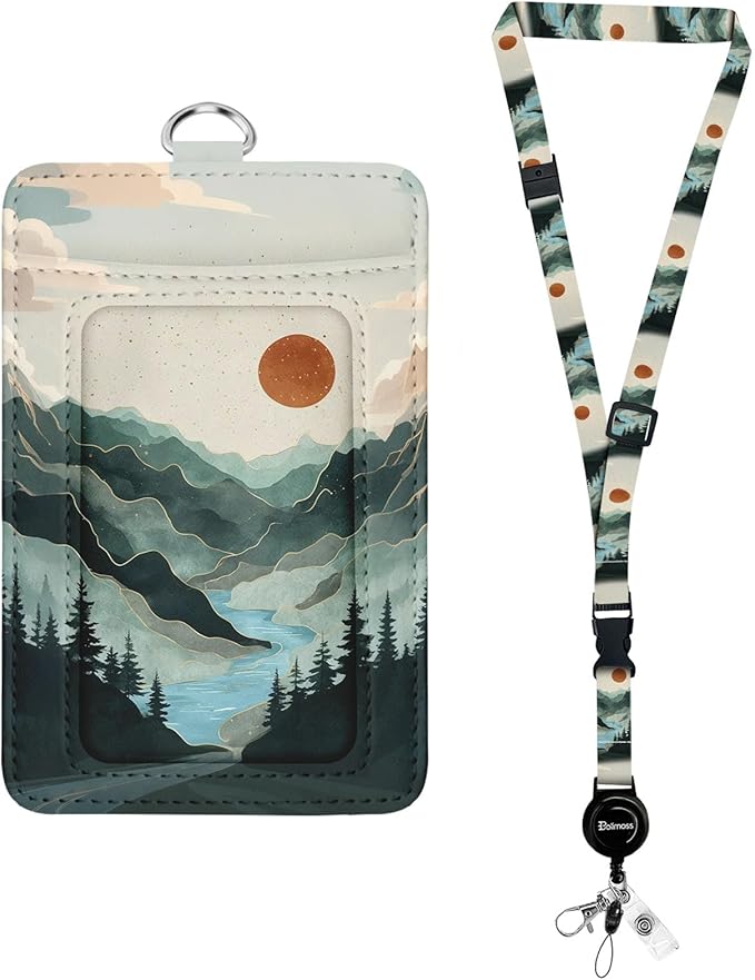 bolimoss Mountain Lanyards for ID Badges, Landscape PU Leather Badge Holder with Detachable Neck Lanyard Strap, Adjustable Retractable Badge Holder with Swivel Metal Clasp, Name Tag Holder for Teacher