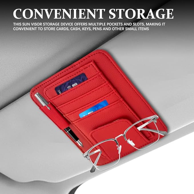Small Leather Sun Visor Organizer, Visor Accessories, Multi-Pocket Sunvisor Storage with Sunglass Holder, Car Organizer for Drving License Card Pen Fits Most Vehicles (Red)