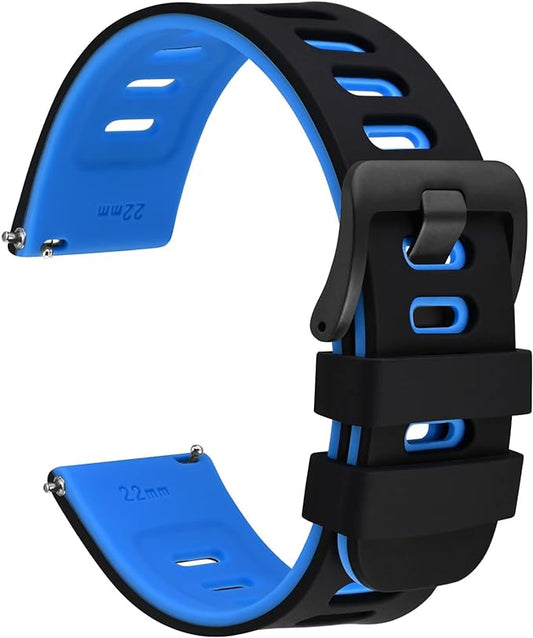 WOCCI 22mm Bicolor Watch Band, Silicone Rubber, Quick Release Replacement Strap for Men and Women, Black Stainless Steel Buckle (Black-Blue)