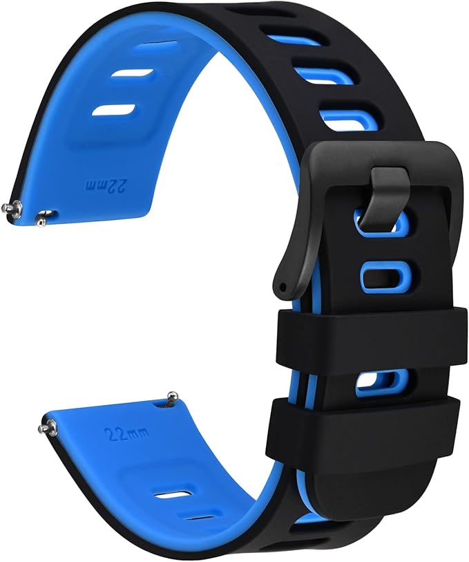 WOCCI 19mm Bicolor Watch Band, Silicone Rubber, Quick Release Replacement Strap for Men and Women, Black Stainless Steel Buckle (Black-Blue)