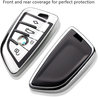 Creativity Suitable for BMW key fob Cover. Advanced soft TPU key box is compatible with F30 F45 F55 G20 G30 X1 X3 X4 X5 X6 X7 3 5 7 8 M5 M6 GT series smart key (Type B Silver Key Case + key chain set)