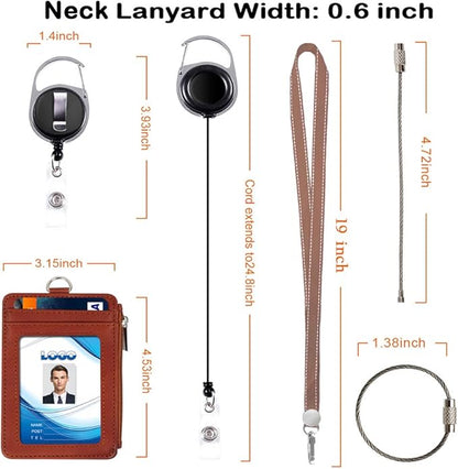Badge Holder with Zipper, Life-Mate PU Leather ID Badge Card Holder Wallet Case with 5 Card Slots Zipper Pocket 19" Polyester Neck Lanyard Heavy Duty Metal Retractable Badge Reel (tan)