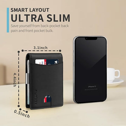 RUNBOX Slim Money Clip Wallets for Men RFID Blocking 11 Card Holder Minimalist Small Leather Bifold Men's Front Pocket Wallet Gift Box