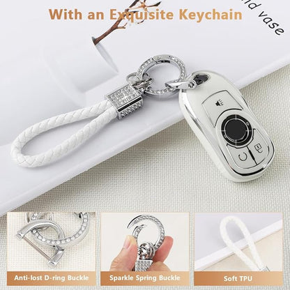 PIFOOG Accessories for Buick Regal Encore GX Key Fob Cover 5 Buttons Soft TPU Keys Shell Case Glittering Car Keychain Full Protector Girl Women Men Crystal White Silver
