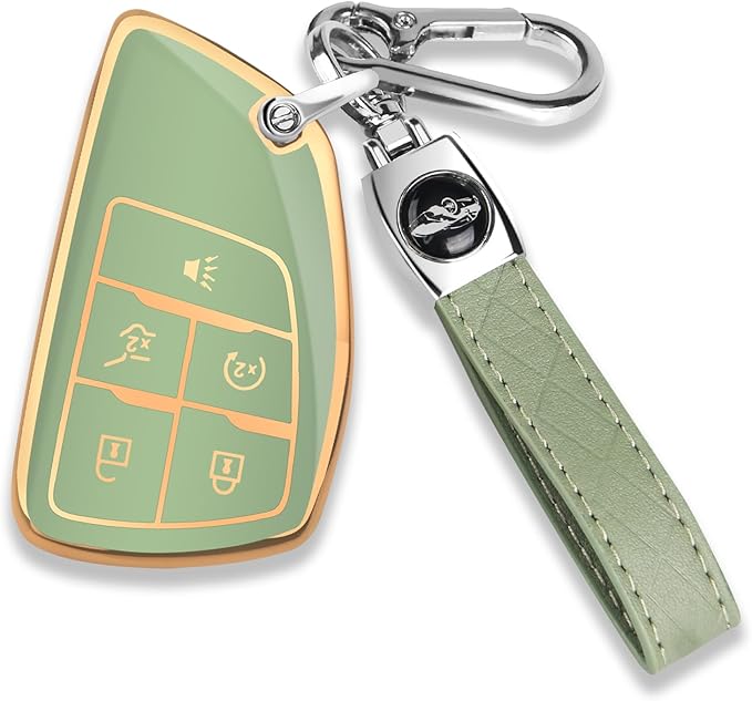 QBUC for Chevy Key Fob Cover with Keychain Soft TPU Protection Case Compatible with 2021-2026 Chevy Equinox Blazer Tahoe Suburban GMC Yukon Denali Silverado 5-Buttons(Gold Trim Green)