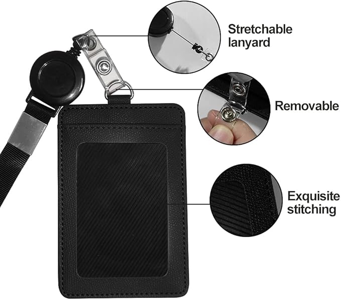 HYCOPROT ID Badge Holder with Lanyard Heavy Duty Retractable PU Leather Vertical Horizontal ID Card Holders with Kevlar Pull Cord for Office School Driver Licence (Vertical, Coffee)
