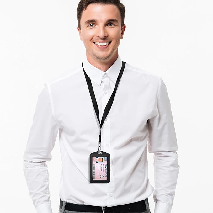 2 Pcs Genuine Leather ID Badge Holder Vertical Single-Side Clear Card Holder Waterproof Name Badge Holder for Office, Staff, Students, Employees(Black&Black)