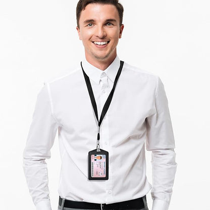 2 Pcs Genuine Leather ID Badge Holder Vertical Single-Side Clear Card Holder Waterproof Name Badge Holder for Office, Staff, Students, Employees(Black&Black)