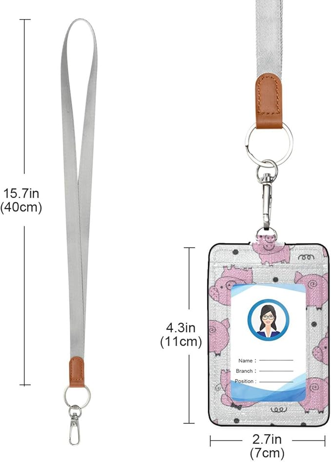 Moudou Pig ID Badge Holder with Lanyard, Vertical Leather ID Badge Card Holder for Office Staff, School Teacher and Student