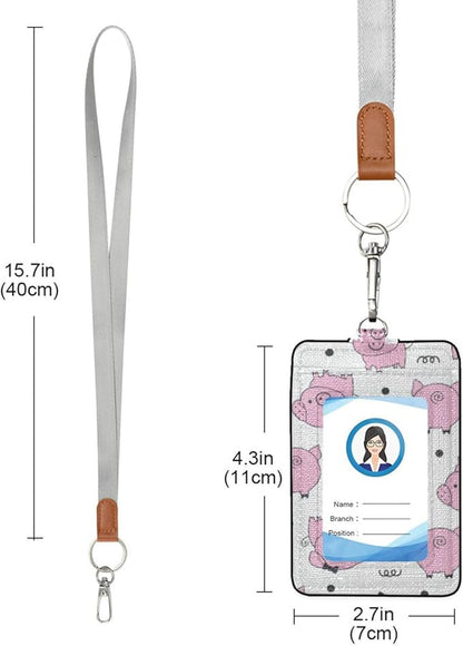 Moudou Pig ID Badge Holder with Lanyard, Vertical Leather ID Badge Card Holder for Office Staff, School Teacher and Student