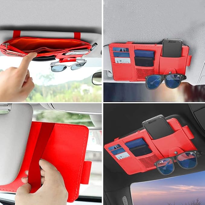 1 Pack Car Sun Visor Organizer, Sunglasses Holder for Car Sun Visor, Auto Interior Accessories Pocket Organizers Can Store for Sunglasses, Documents, Cards, Pen, Drivers License (Red)