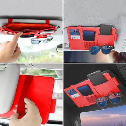 1 Pack Car Sun Visor Organizer, Sunglasses Holder for Car Sun Visor, Auto Interior Accessories Pocket Organizers Can Store for Sunglasses, Documents, Cards, Pen, Drivers License (Red)