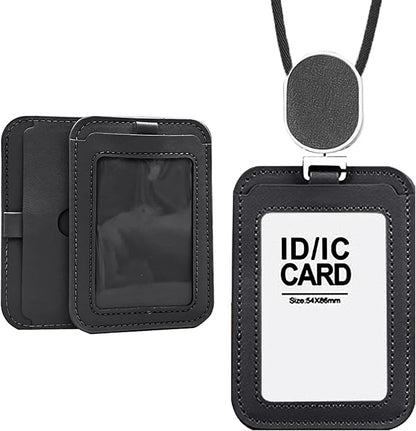 Larpur Retractable Badge Holder, PU Leather Work ID Card Holder Case for School Office, Key Card Credit Card Holders with Badge Reel Detachable Lanyard (Black)