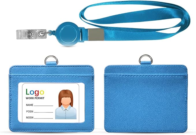 HYCOPROT ID Badge Holder with Lanyard Heavy Duty Retractable PU Leather Vertical Horizontal ID Card Holders with 1 Clear ID Window & 1 Credit Card Slot for Office School (Horizontal, Sky Blue)