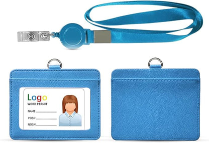 HYCOPROT ID Badge Holder with Lanyard Heavy Duty Retractable PU Leather Vertical Horizontal ID Card Holders with 1 Clear ID Window & 1 Credit Card Slot for Office School (Horizontal, Sky Blue)