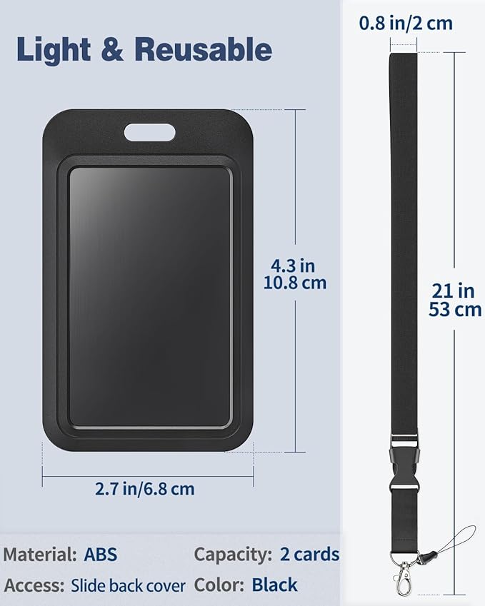 Uniclife 3 Pack Sliding Badge Holder Hard Black Vertical Plastic Card Case Protector with Detachable Lanyard Strap for Office School ID Credit Proximity Key Card Driver’s License and Pass